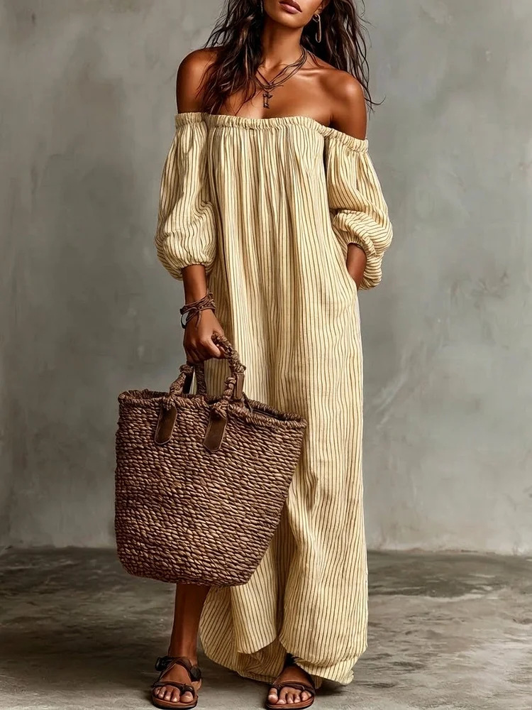 Striped Loose Casual Off Shoulder Sweet Dress With Pockets
