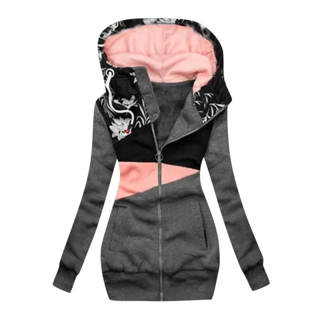 Plus Size Women's Color Block Hooded Jacket, Full Zip Long Sleeve Casual Blazer Coat For Winter Formal And Daily Wear Gray - Shop at LoveMi