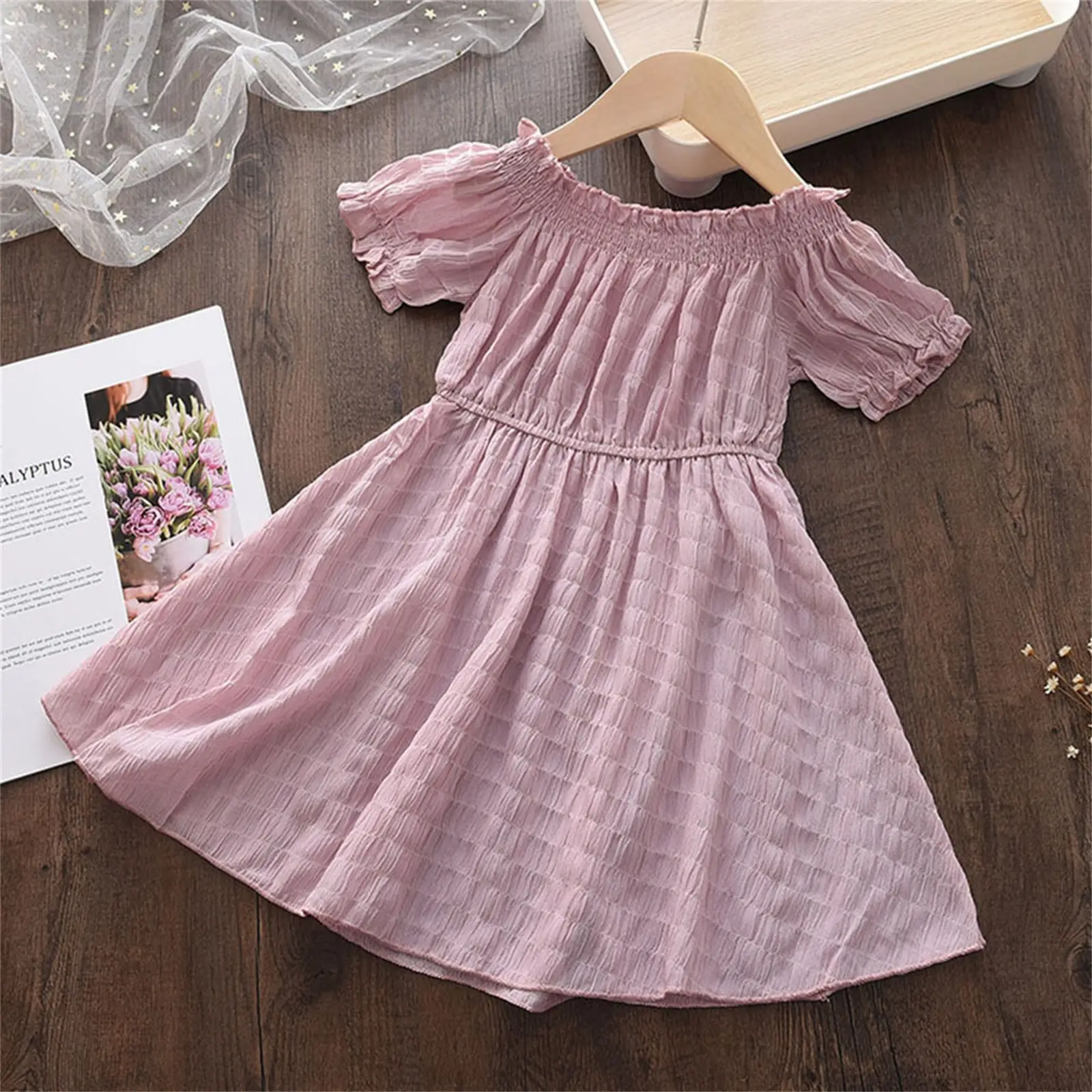 Girls' Solid Color Lace Collar Short Sleeve
