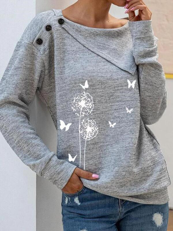 Button-decorated Large Lapel Printed Knitted Women's Casual Top