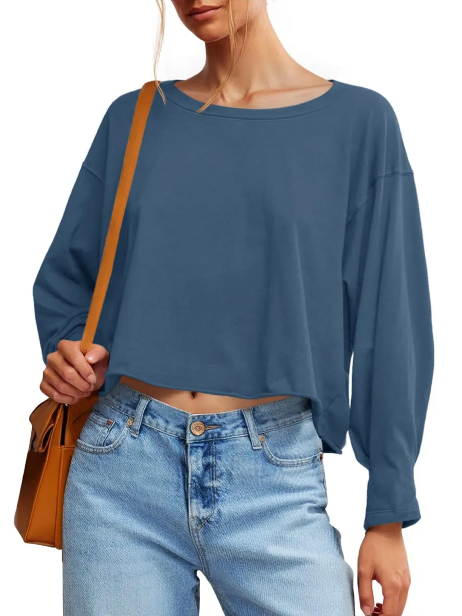 Fisoew Womens Long Sleeve Crop Tops Loose Fit Crew Neck