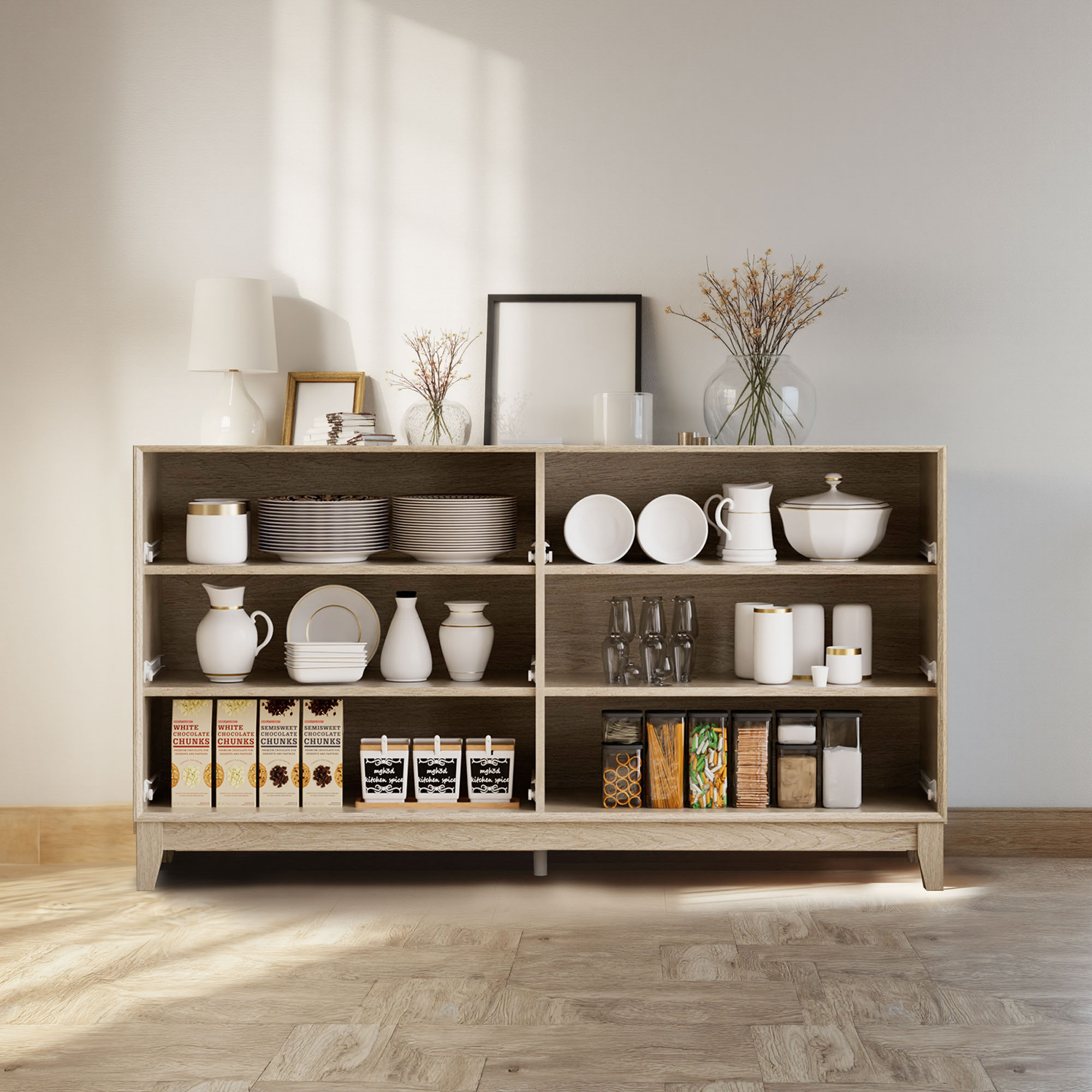 Modern Wooden 6 Drawer Dresser 55in, Side Board Buffet Storage Cabinet, Accent Cabinet With Metal Handles, Oak