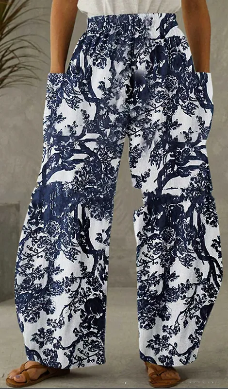 Cotton And Linen Casual Ladies Wide leg Pants Blue - Shop at LoveMi