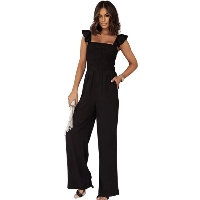 Summer Solid Pocket Casual Loose Wide Leg Jumpsuit Black - Shop at LoveMi