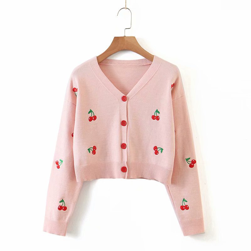 Title 2, Long sleeve V-neck Straight Cherry Embroidered ...