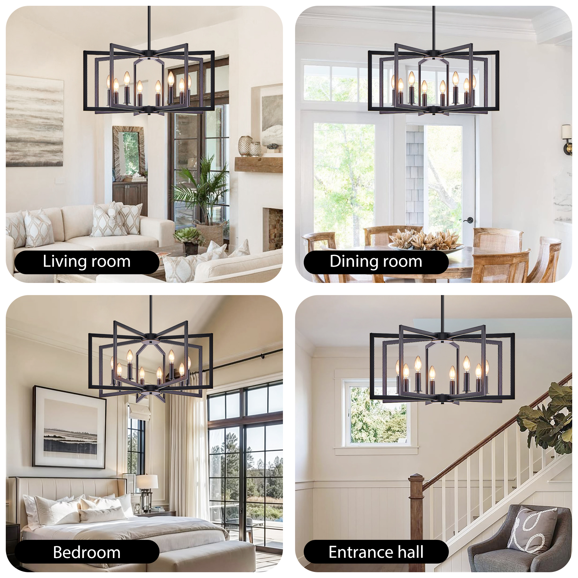 27 Modern Black Geometric 8-Light Chandelier   Industrial Metal Pendant Light Fixture For Living Room, Dining Room, Or Kitchen  Bulb Not Included
