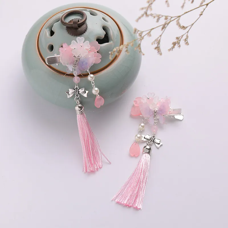 Colorful Flower Hairpin Butterfly Tassel Pair Clip - Pink