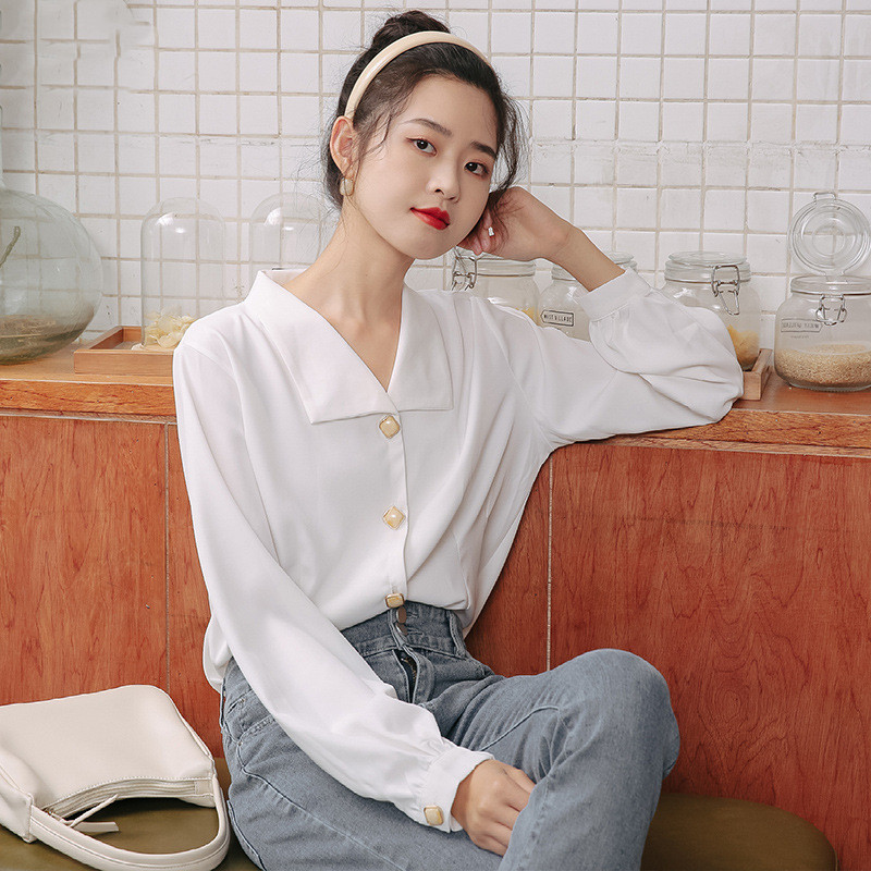 Women's Puff Sleeve V-Neck Chiffon Shirt