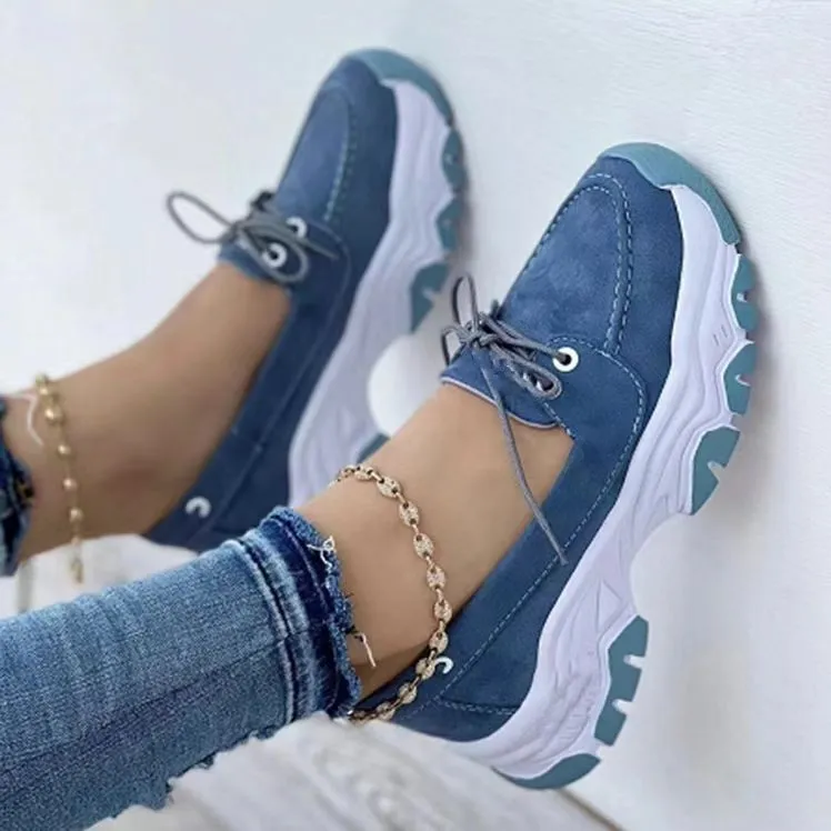 Lace-up Sneakers For Women Running Walking Sports Chunky Shoes - Blue