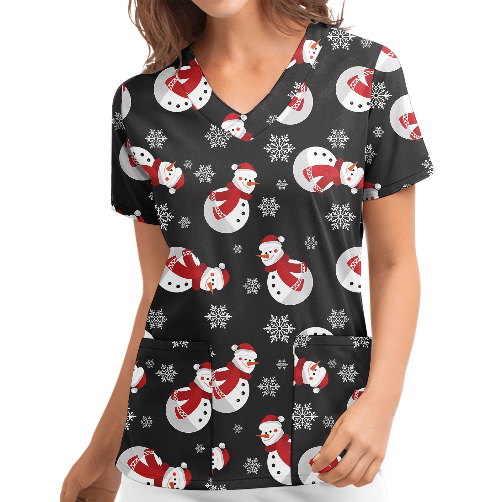 Title 17, Christmas Printed V-neck Short Sleeve Workwear ...