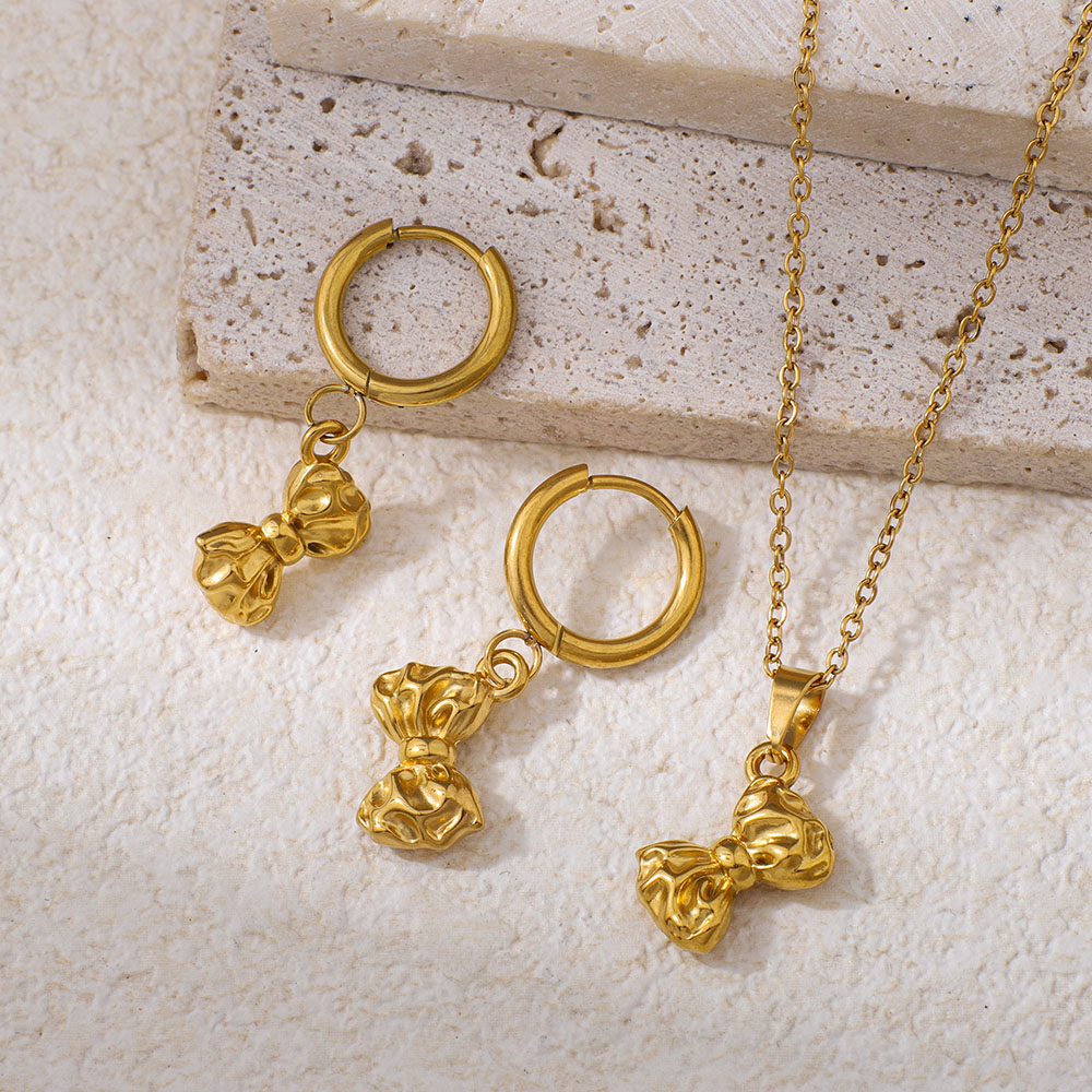Stainless Steel Bowknot Earrings And Pendant Necklace Set