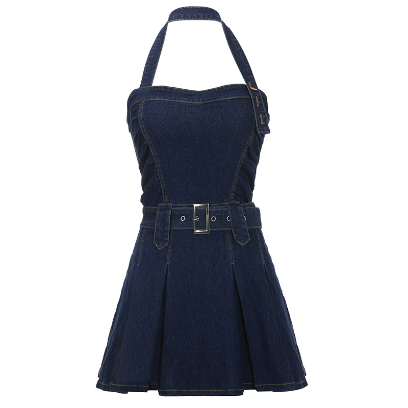 Women Denim Mini Dress Off Shoulder Halter Neck Sleeveless Blue - Shop at LoveMi