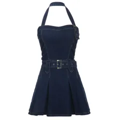 Women Denim Mini Dress Off Shoulder Halter Neck Sleeveless - Blue - View 1
