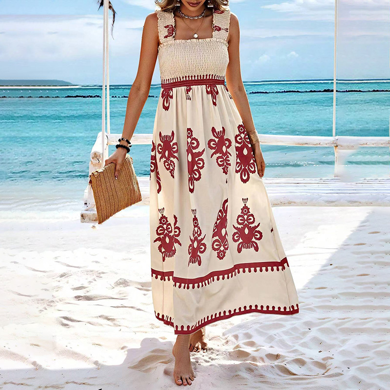 Women's Wide Strap Printed Maxi Dress With Bust Pleats, A Line Vacation Dress Brick Red - Shop at LoveMi