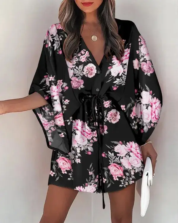 Flying Sleeves A- Line V-neck Lace-up Leisure Vacation Jumpsuit Skirt