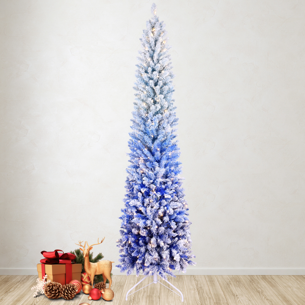 6FT Blue Gradient Flocked Pencil Christmas Tree with 200 Warm White LED Lights, 485 Tips, Hinged Branches, Slim Design, Metal Stand â€“ Narrow Prelit Tree for Holiday Home Decor-18