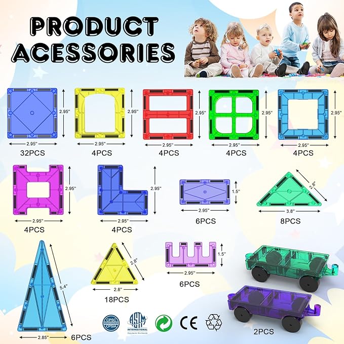 Magnetic Building Blocks Set for Kids. Larger magnetic tiles set, 102PCS in total（all basic shapes and colors, no cars）with an idea book. compatible with most of the magnetic building tiles on the market. The magnet tiles set is made of high quality ABS p