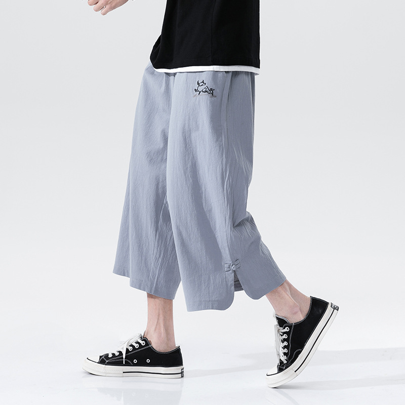 Linen Disc Button Casual Cropped Trousers