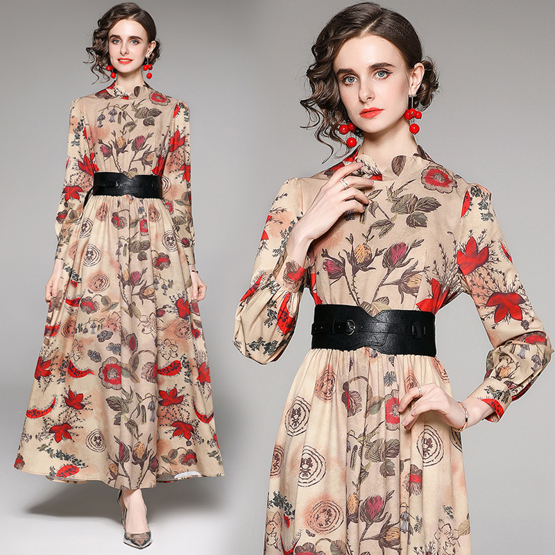 Versatile Waist Slimming Positioning Print Dress With Belt