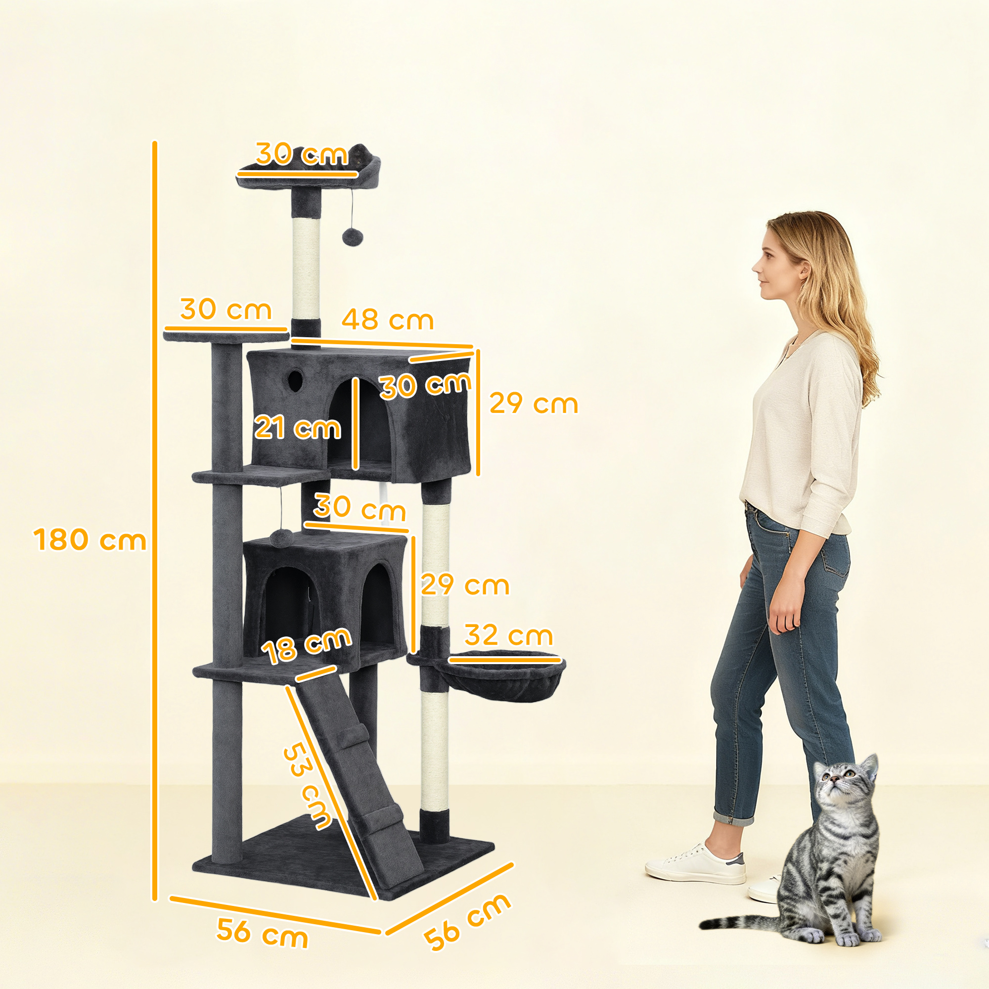 180cm Large Cat Tree Tower With Sisal Grab Post, Nest, Plush Shelter, Hammock — image 4