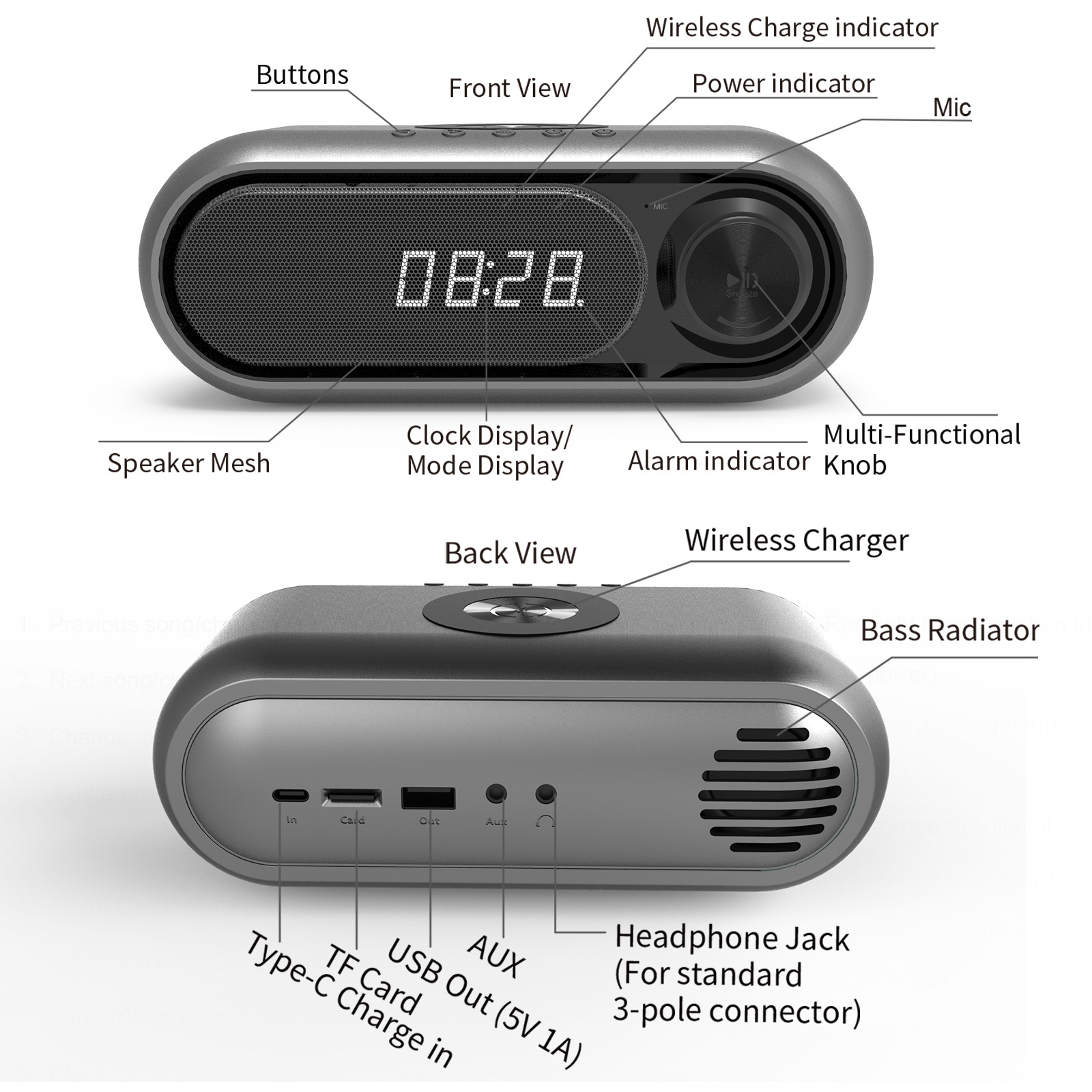 Bedside Wireless Charging Audio LED Alarm Clock - Image 4
