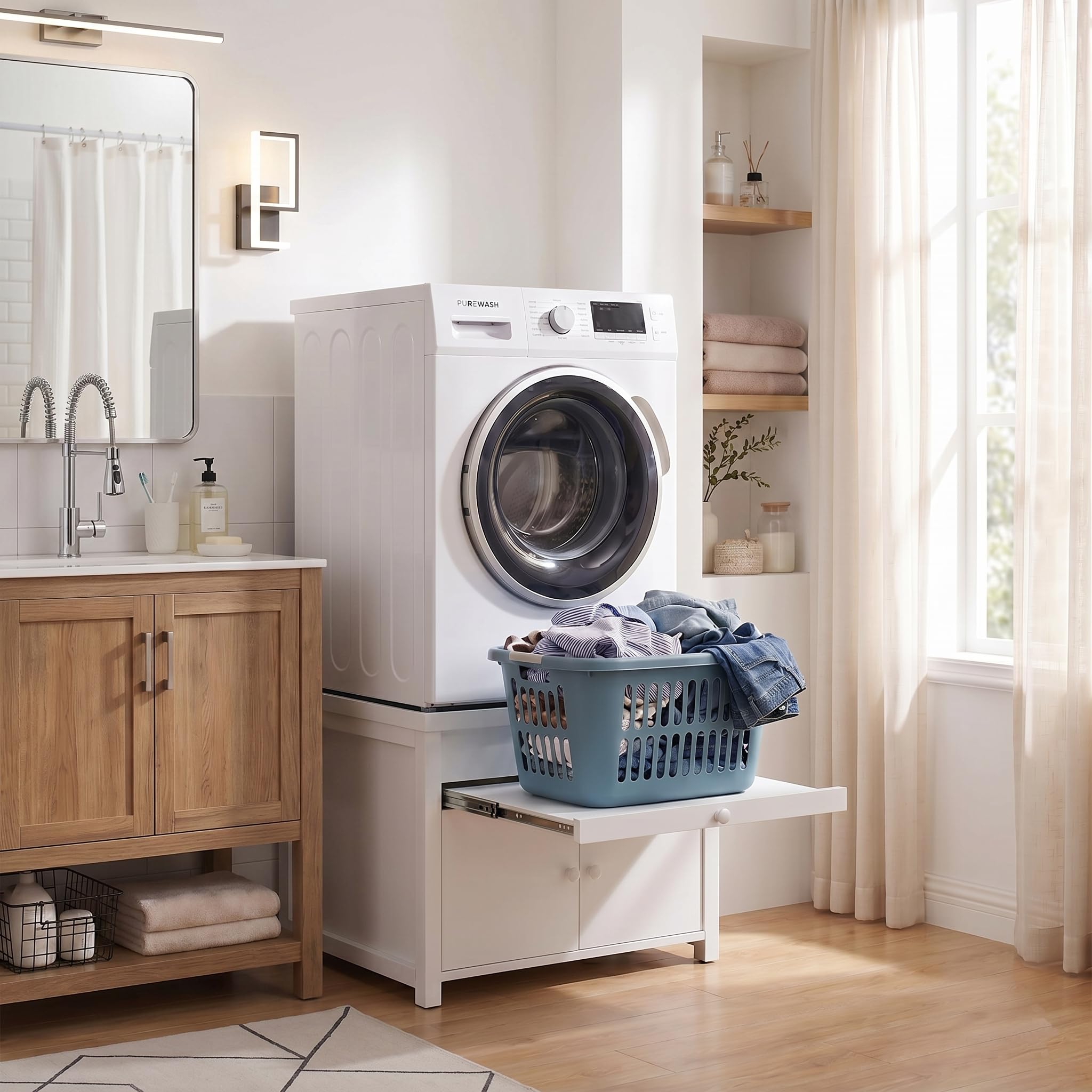 Washer And Dryer Pedestals Stand With Pull-out Shelf, 29icnh W Universal Fit Metal Laundry Pedestal With Drainage And Enclosed Storage, Heavy Duty, Anti-Vibration, 770 LBS Capacity, 23inch H, White — foto 4