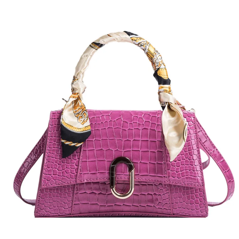 Ladies Silk Scarf Bright Leather Crossbody Shoulder Bag - Rose