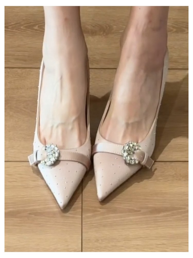 Women New Arrival Pointed Toe Satin Slip-On Stiletto Heels, Gorgeous Rhinestone Buckle Strap Pumps