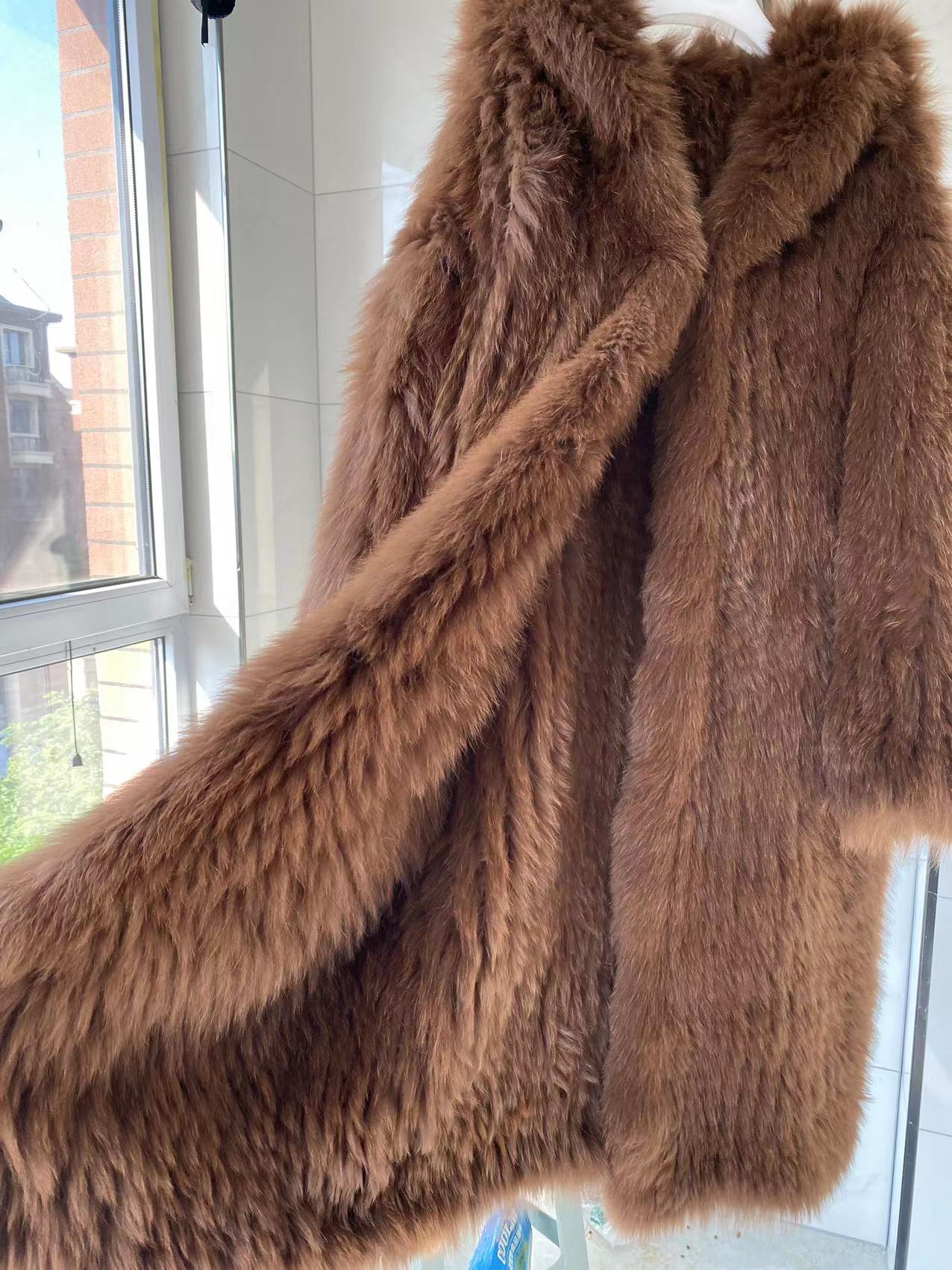 Gray Braided Fox Fur Hooded Loose Over The Knee Fur Coat