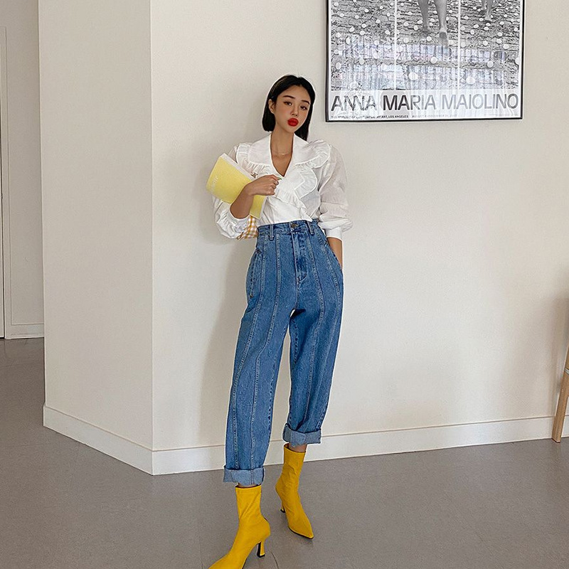 Letter Small Label Stitching Line Retro Straight Leg Pants High Waist Carrot Pants Jeans