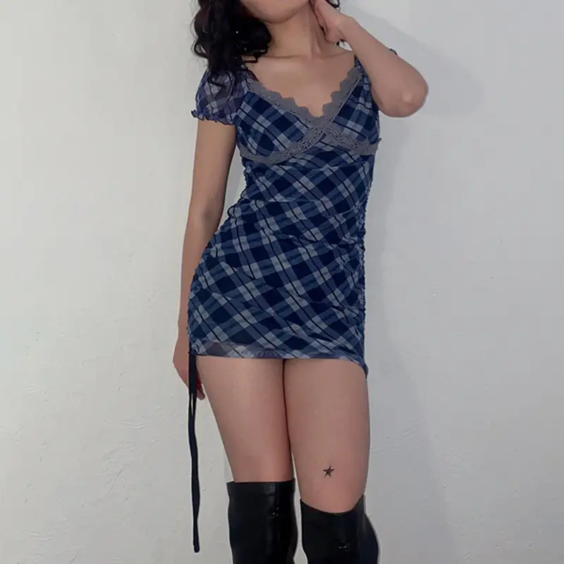 Vintage Blue Plaid Lace V-neck Bubble Sleeve Dress