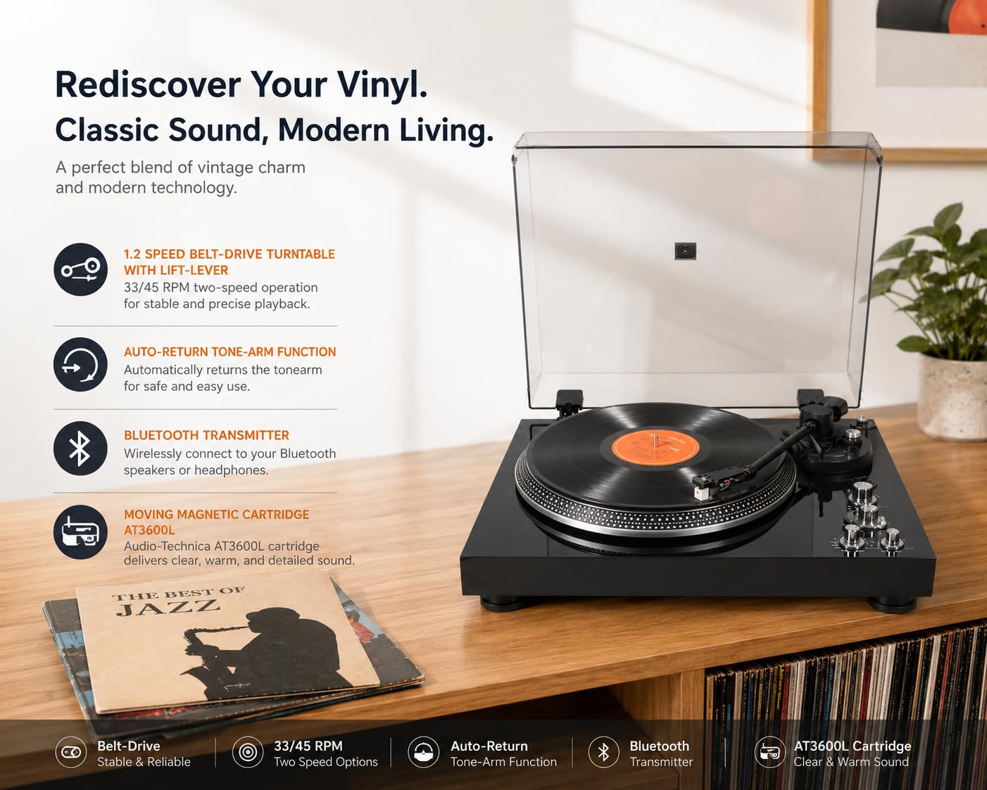 Belt Drive Turntable For Vinyl Record Player,Work With Bluetooth Speakers Or Act Turntables  Vinyl Audio — foto 8