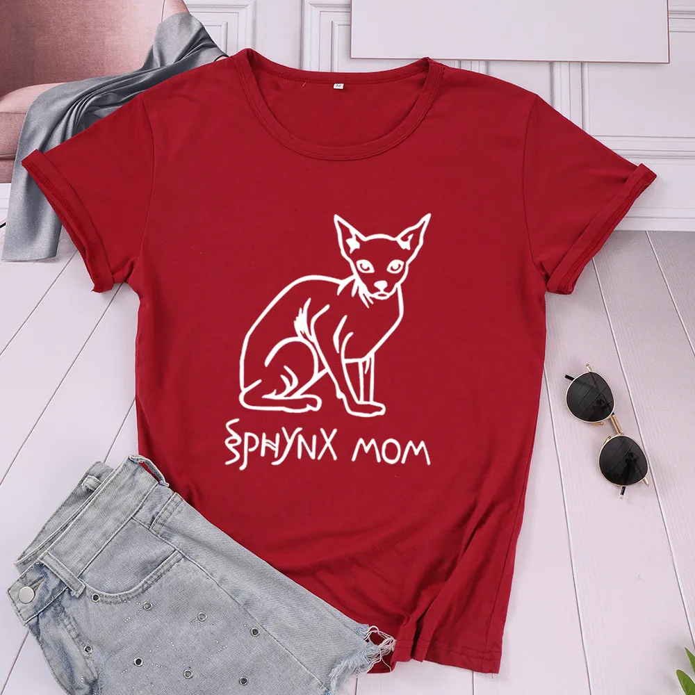 Women's Hairless Cat Pattern Letter Street Short Sleeve - Wine Red White