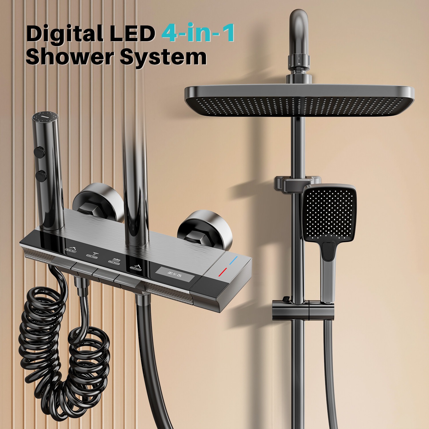 Bathroom Thermostatic Exposed Shower Mixer Twin Head Large Square Bar Set Chrome — image 2