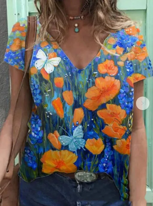 New Sexy Short sleeved V neck Digital Printing Butterfly T shirt Figure1 - Shop at LoveMi