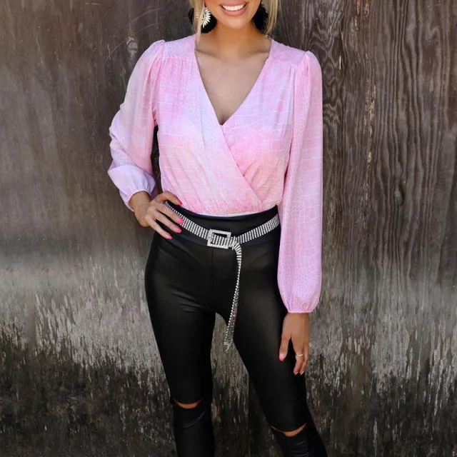 Printed Lantern Long Sleeve V Neck Ladies Top Jumpsuit Pink - Shop at LoveMi