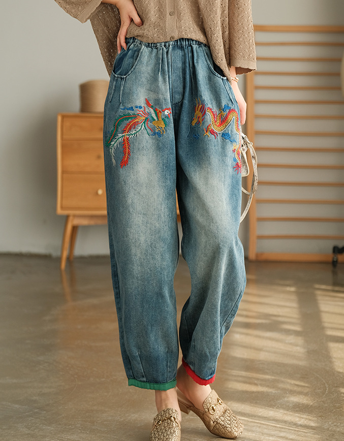 Title 6, Chinese Style Embroidered Phoenix Denim Harem P...