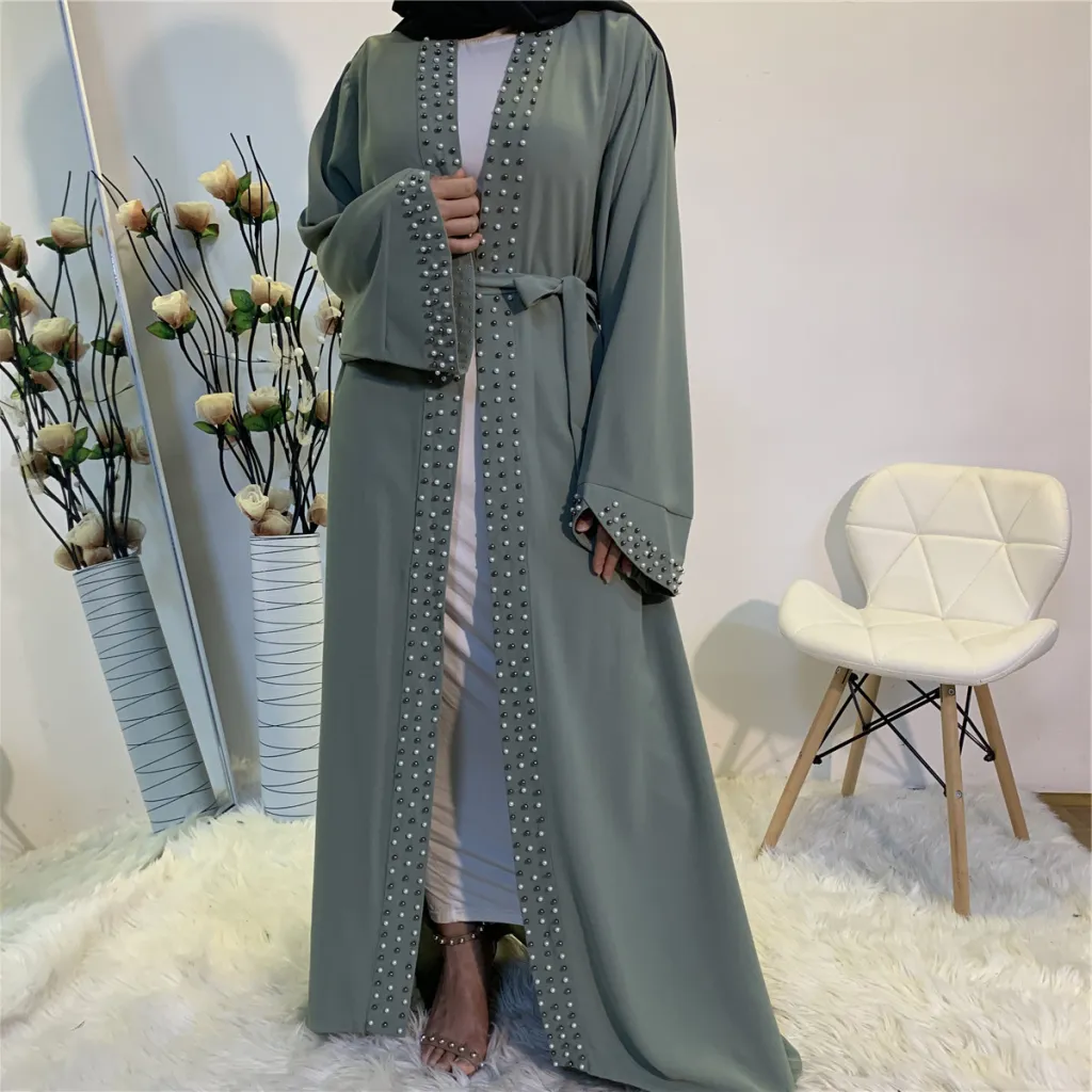 Beaded Muslim Lace Up Cardigan Robe - Green