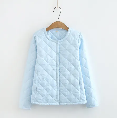 Plus Size Women's Fat MM Was Thin And Thin Diamond Grid Snap Button Coat Light Blue - Shop at LoveMi