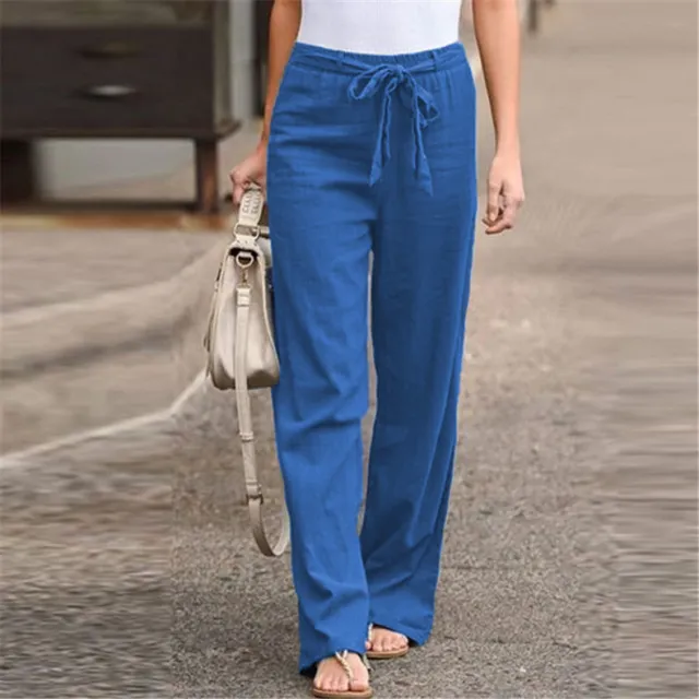 Elastic Waist Solid Color Cotton And Linen Belt Wide Leg Loose Trousers Color Blue - Shop at LoveMi
