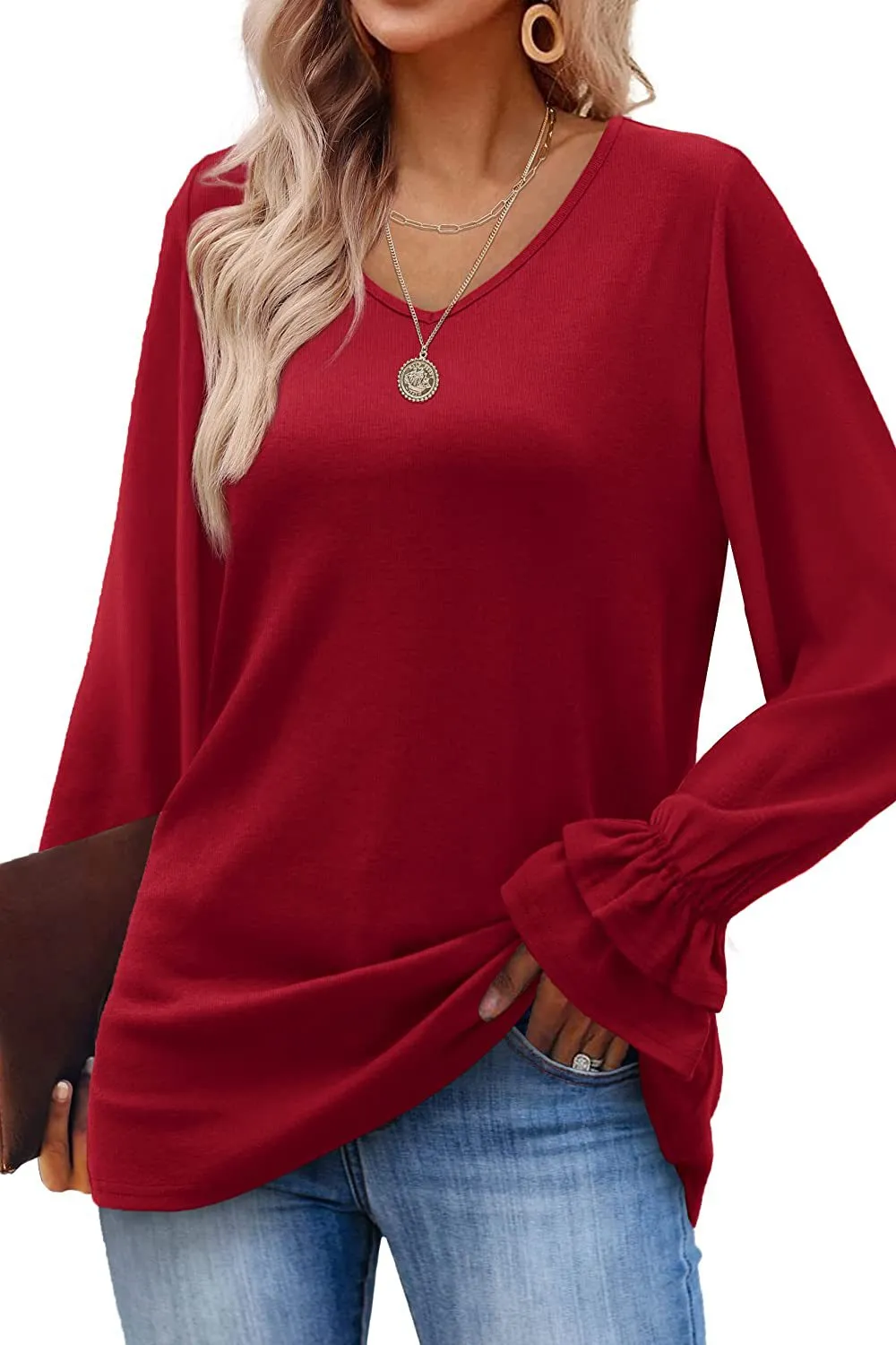 Long Sleeve Solid Colour T Shirt Top - Red