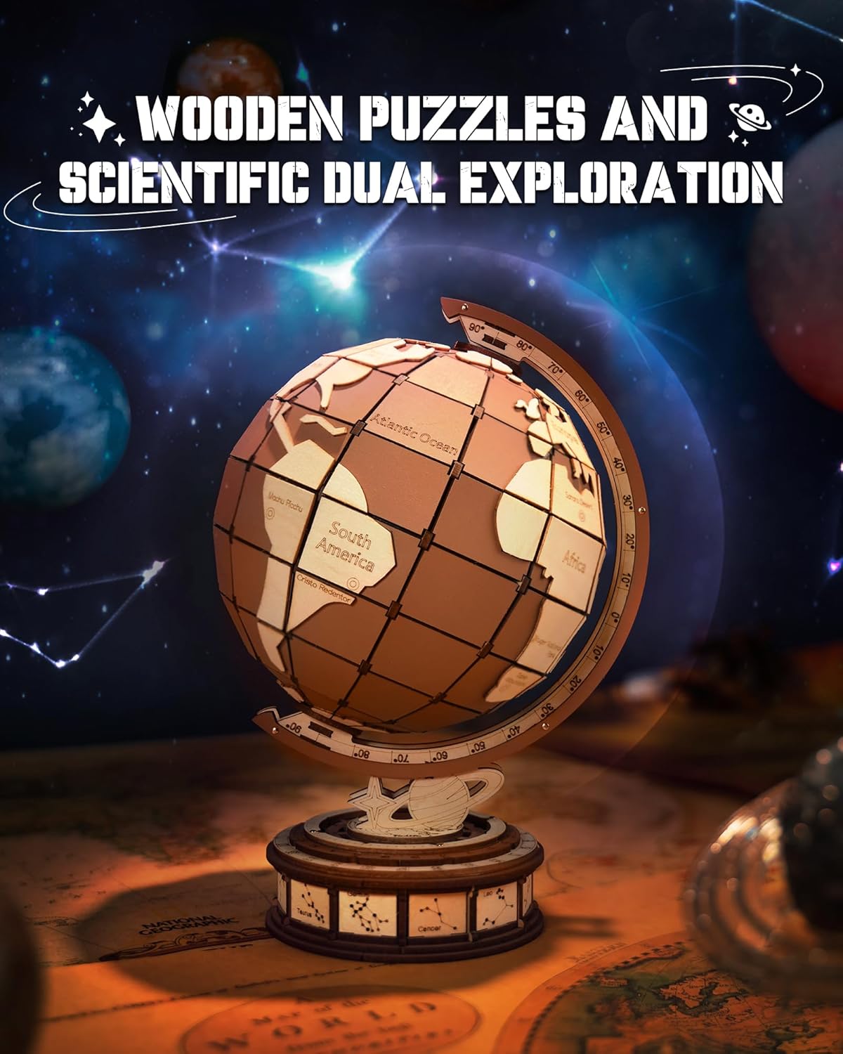 ROBOTIME 3D Wooden Globe Puzzle With Rotating Base view 2