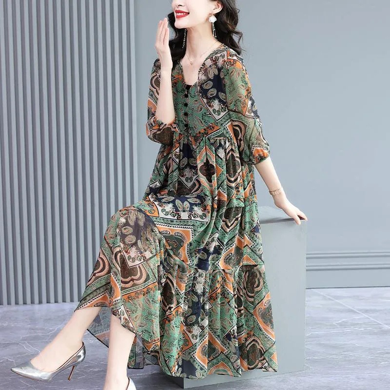 Elegant Slimming Silk Hong Kong Style Vintage Print Skirt