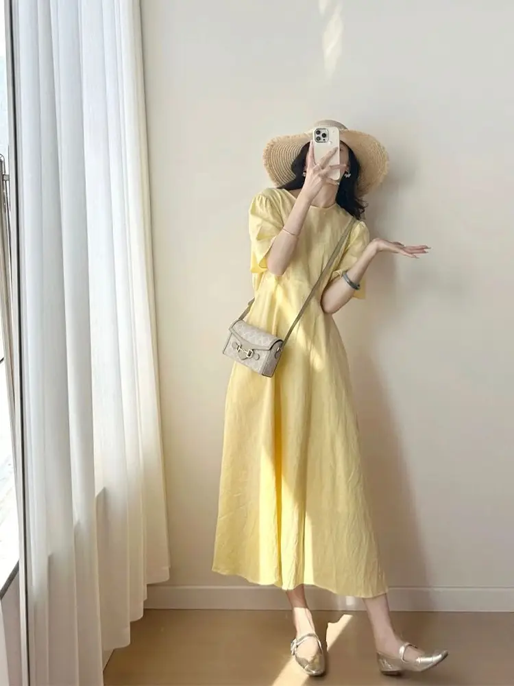 French Style Temperament Exquisite Yellow Slimming Dress