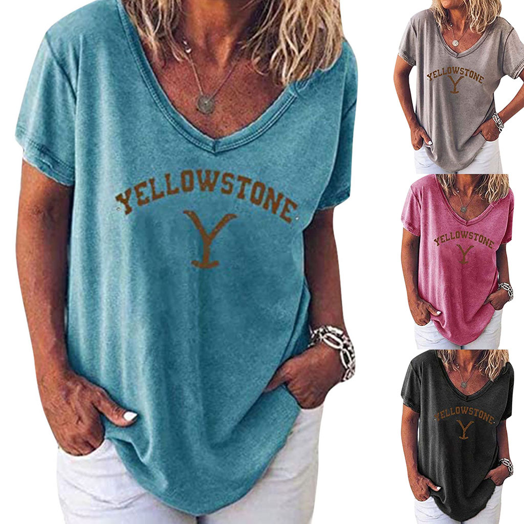 Title 6, Large Size V-neck Short-sleeved Solid Color Let...