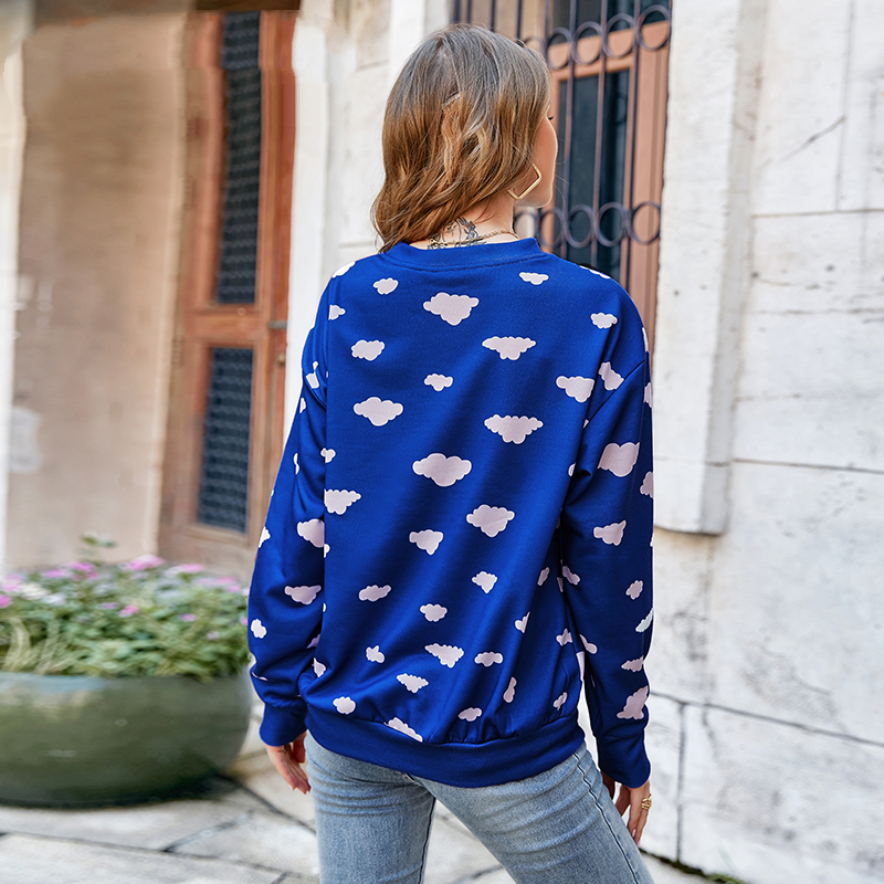 Printed Round Neck Long Sleeve Fashion Blue Women's Cropped Top