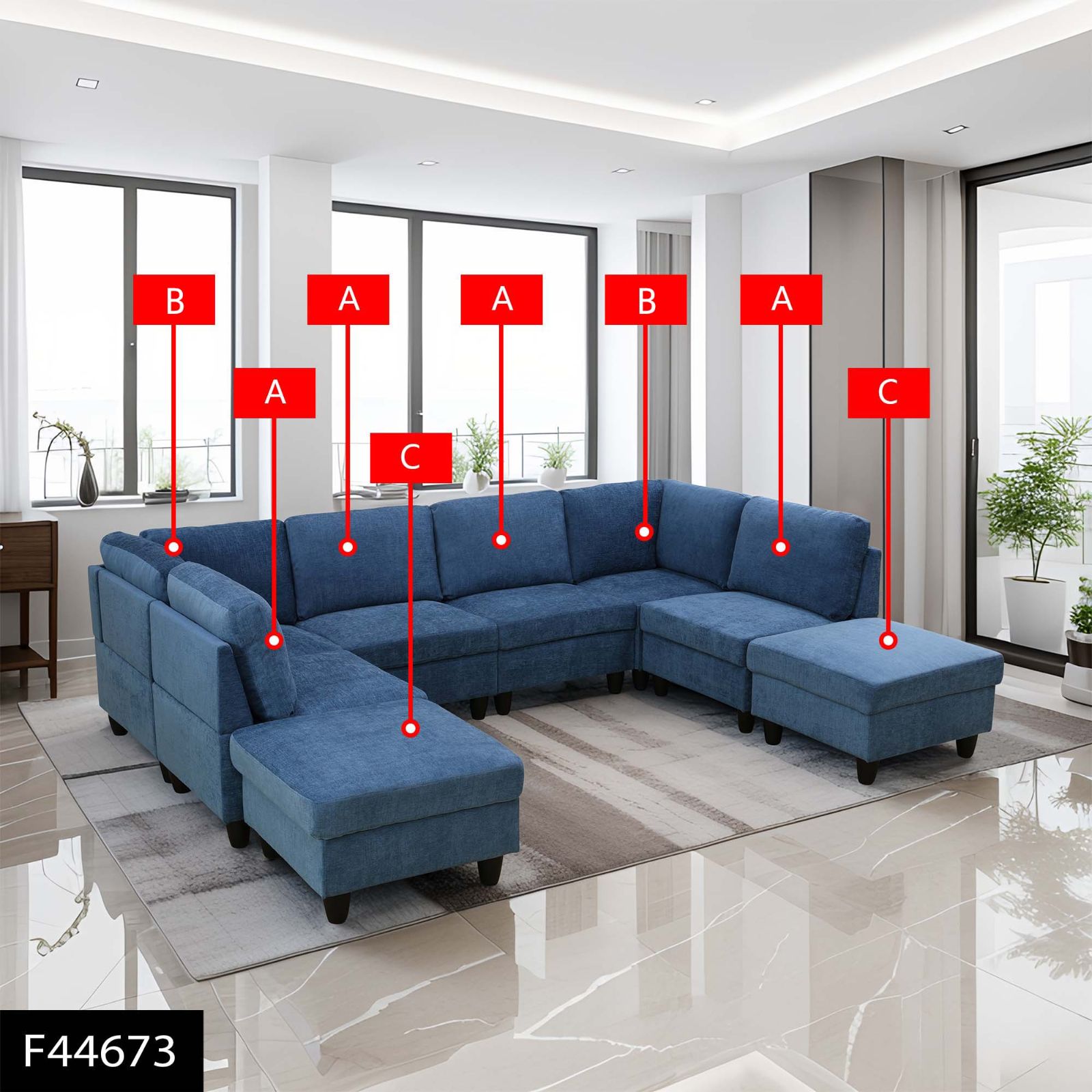 Pickup Only--Blue Flannel 8-Piece Living Room Sofa Set