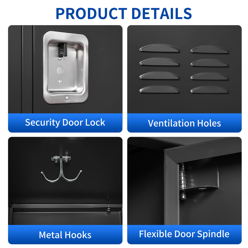 3-Door 72in Steel Locker W Locks For Employees, Storage Cabinet For Home Gym Office School Garage, Gray,Black