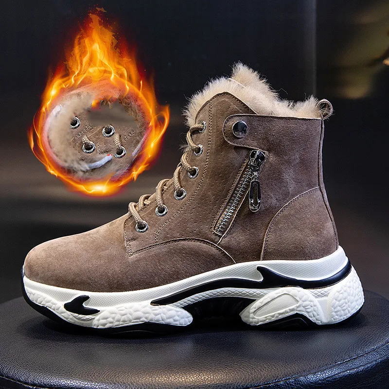 Winter Mid Tube Thick Soled Leather Ankle Boots - Red