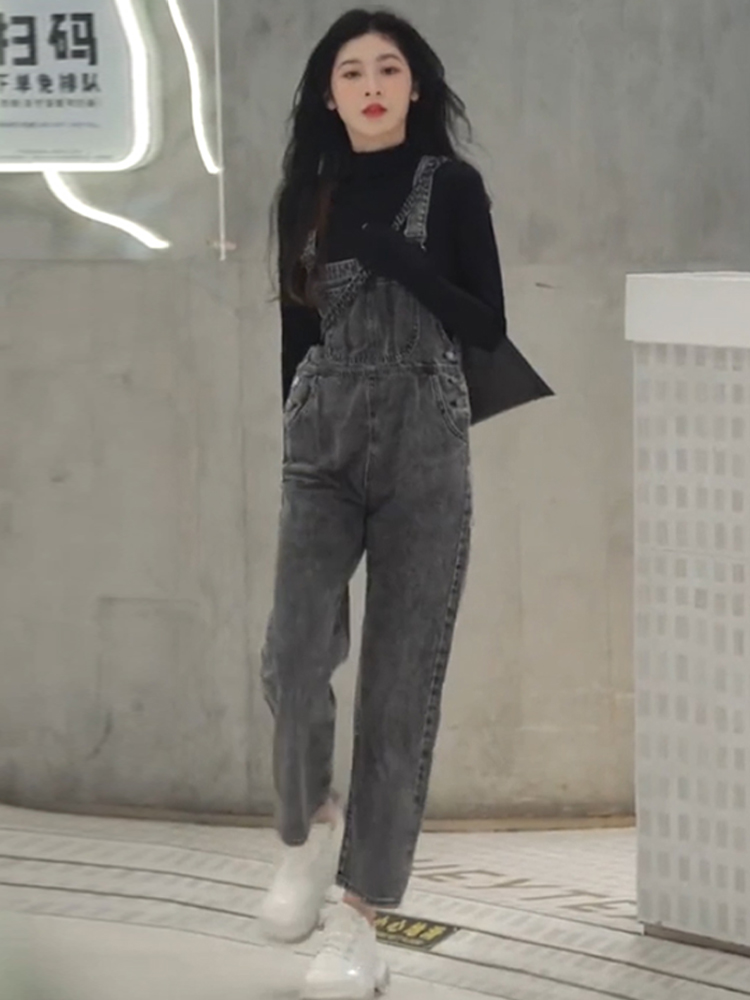 Title 4, Vintage Sweet Black Denim Strap Pants Female